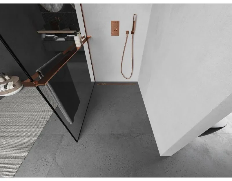 Mexen Kioto+ L, sprchová zástena Walk-In s poličkou a vešiakom 50 x 200 cm, 8mm číre sklo čierny vzor, ružové zlato profil, 800-050-123-60-70