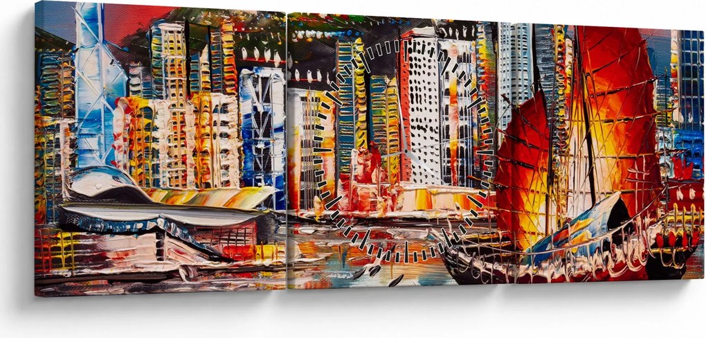 Obrázok - Victoria Harbor, Hong Kong, olejomaľba (s hodinami) (90x30 cm)