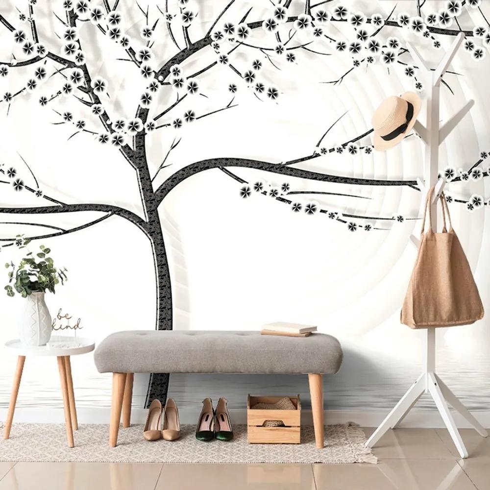 Samolepiaca tapeta moderný čiernobiely strom na abstraktnom pozadí - 225x150