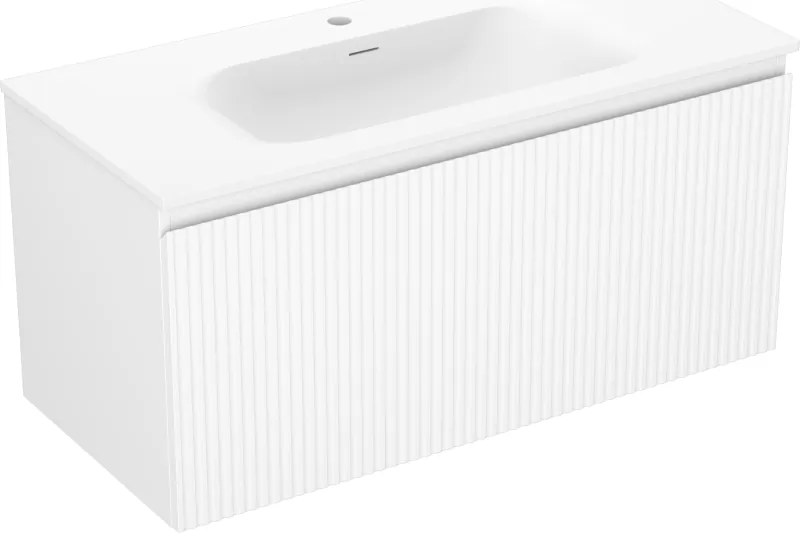 Mexen Rivel, kúpeľňová skrinka 100 cm s umývadlom Vela, 1 zásuvka, drážkovaná, biela matná, 91A20-10047-1-BF01-W23M01