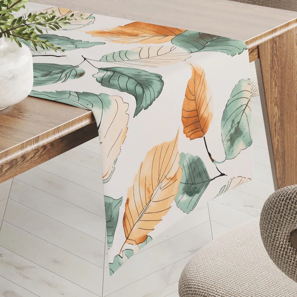 Biante Bavlnený behúň na stôl Sandra SA-748 Hnedo-zelené akvarelové listy na bielom 20x160 cm