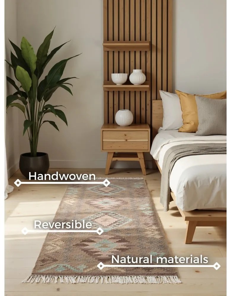 Svetlomodrý/béžový obojstranný ručne tkaný vlnený behúň 60x190 cm Kamal Dune – Nouristan