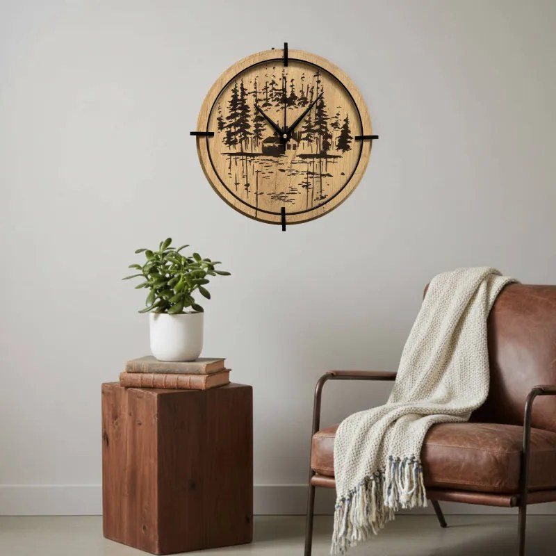 Drevené nástenné hodiny Lesná chatka pri jazere | SENTOP HDF0585-GOLD-OAK