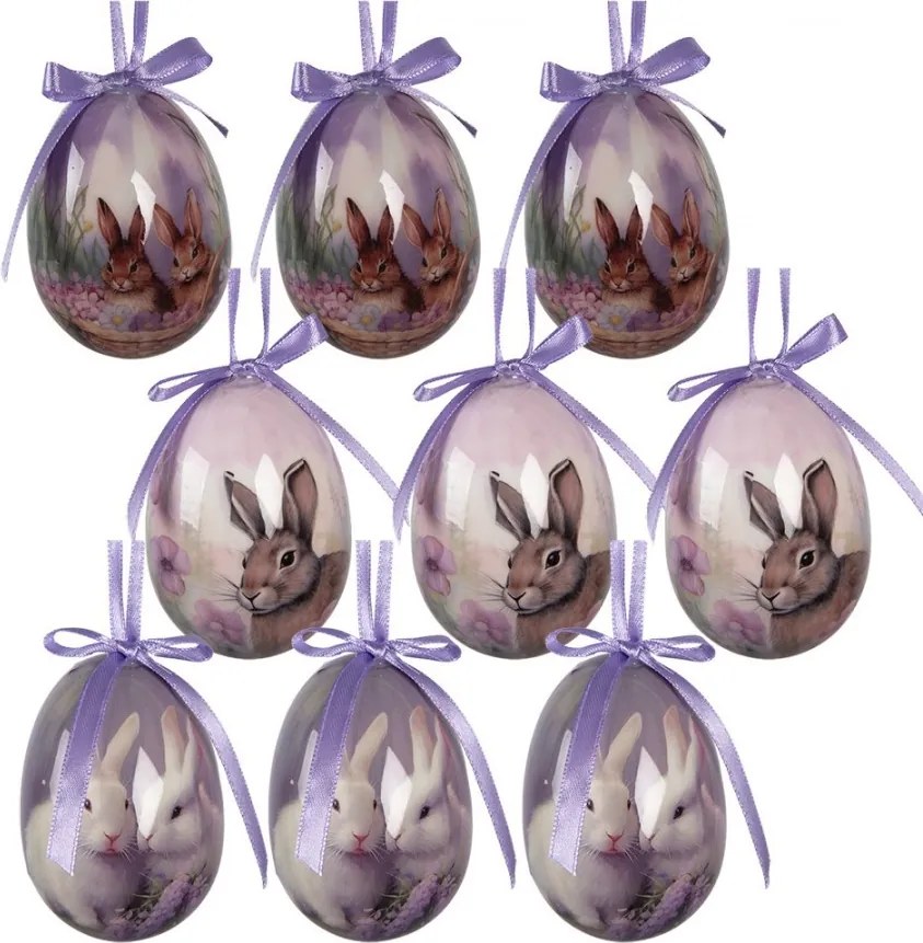 9ks dekorácia fialové závesné vajíčko s zajačikmi Spring Egg - Ø 5*8 cm