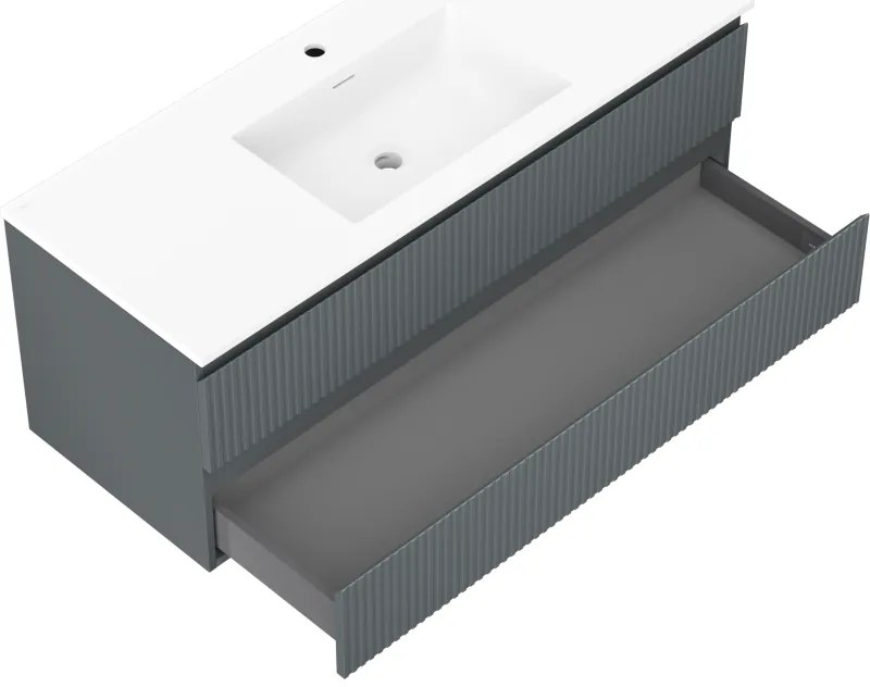 Mexen Rivel, kúpeľňová skrinka 120 cm s umývadlom Otis, 2 zásuvky, drážkovaná, grafitová matná/biela matná, 91A20-12047-2-BFF66-W18M