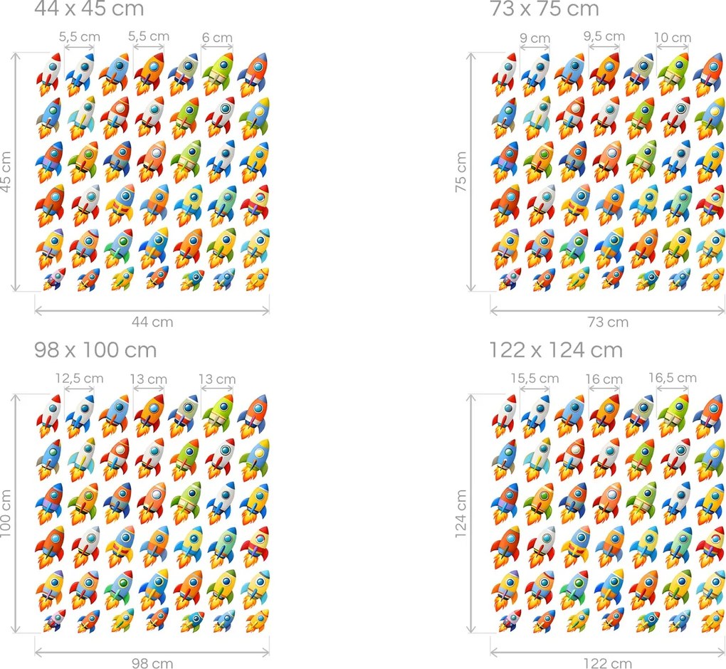 Sada 50 raketiek textilné opätovne prilepiteľné nálepky na stenu hárok 44 x 45 cm