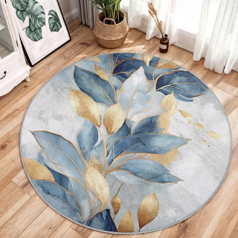 Prateľný okrúhly koberec v modrej a zlatej farbe ø 100 cm Golden Leaves – Mila Home