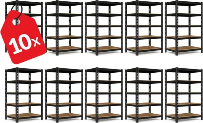 Akcia 10x Regál 216x140x70 cm profesionálny 5-policový, nosnosť 1500 kg - čierny