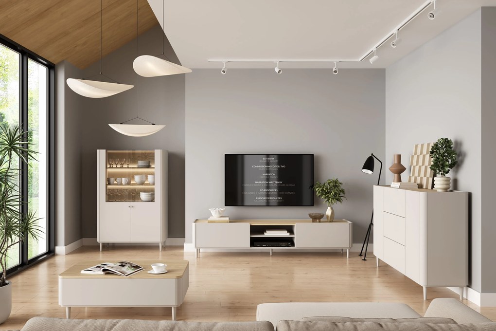 Vitrína Elivo 100 cm dvojdverová na nožičkách - kašmír / olejovaný dub