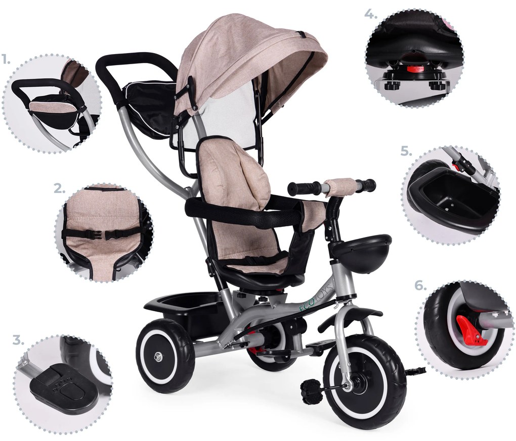 Trojkolka 2v1 otočné sedadlo a skladacia strieška - béžová ECOTOYS