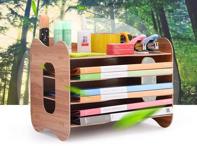 DIY kancelársky zásobník na dokumenty, organizér na dokumenty 4 priehradky tmavé drevo 2341