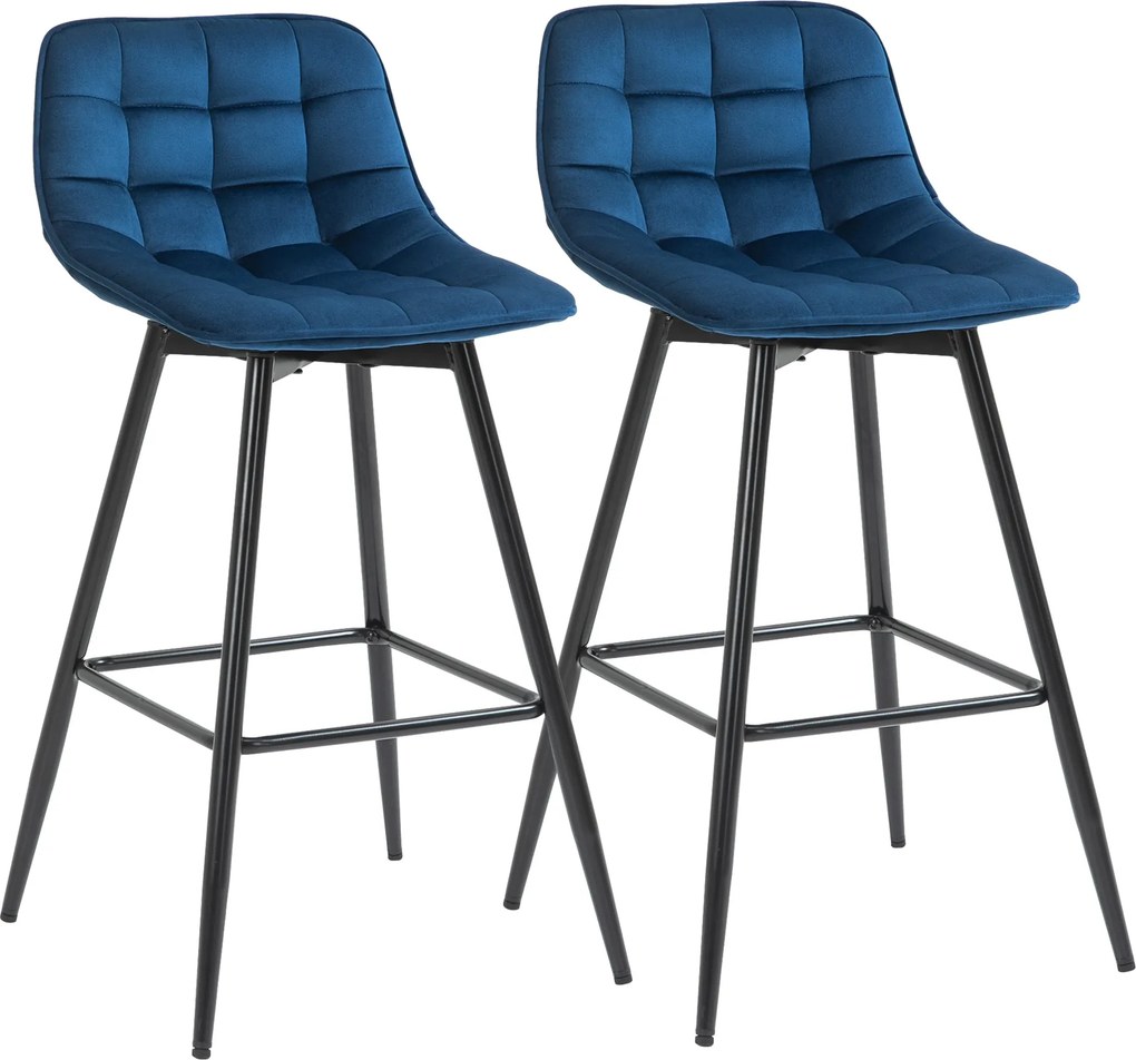 HOMCOM Set 2 vysokých barových stoličiek v severskom štýle s operadlom a opierkou na nohy, stoličky s látkou s efektom zamat a kovom, 45x47x88 cm, mod