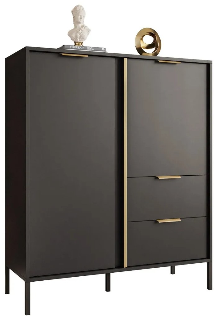 KOMODA VYSOKÁ LOREEN TMAVOŠEDÁ + ZLATÁ SO ŠUPLÍKMI NA NOŽIČKÁCH 103 cm