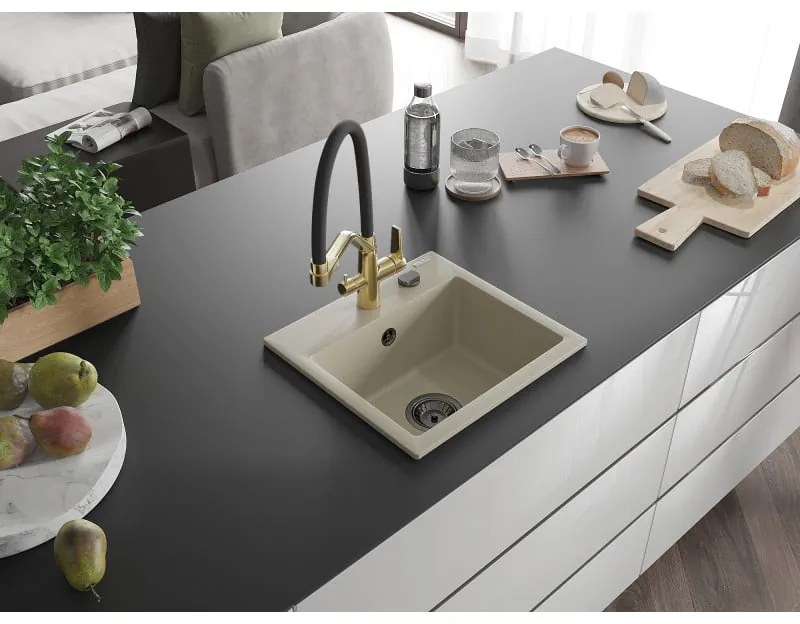 Mexen Milo, granitový drez 435x410x171 mm, 1-komorový a drezová batéria Duo, béžová, 6505-69-671701-57-B