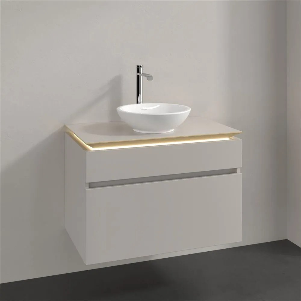 VILLEROY &amp; BOCH Legato závesná skrinka pod umývadlo na dosku (umývadlo v strede), 2 zásuvky, s LED osvetlením, 800 x 500 x 550 mm, Soft Grey, B570L0VK