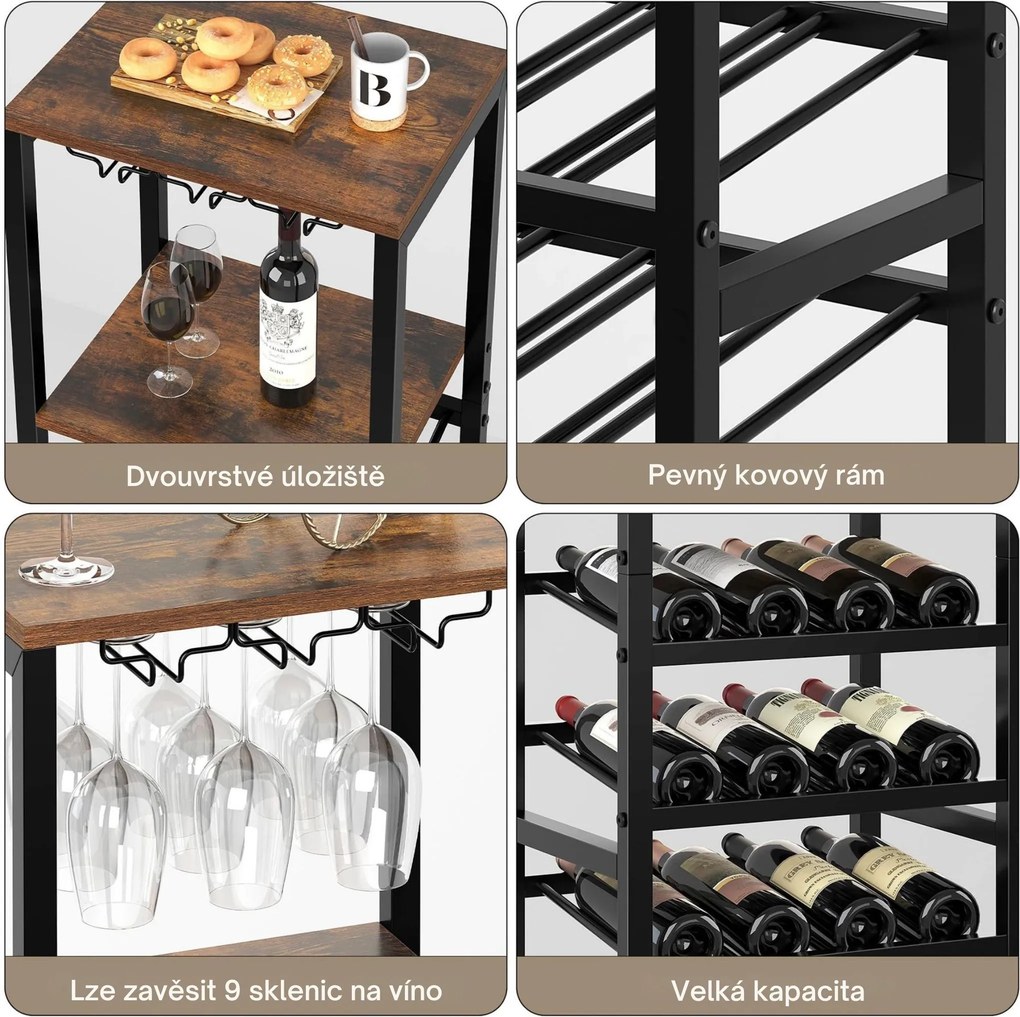 Stojan na víno s držákem na skleničky Houseland Wine hnědý/černý