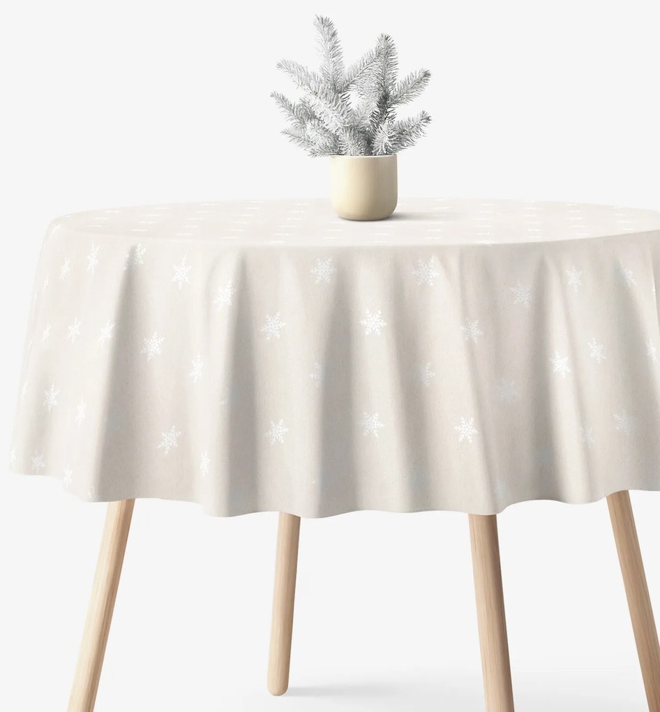 Goldea vianočný okrúhly obrus natura – snehové vločky na režnej Ø 150 cm