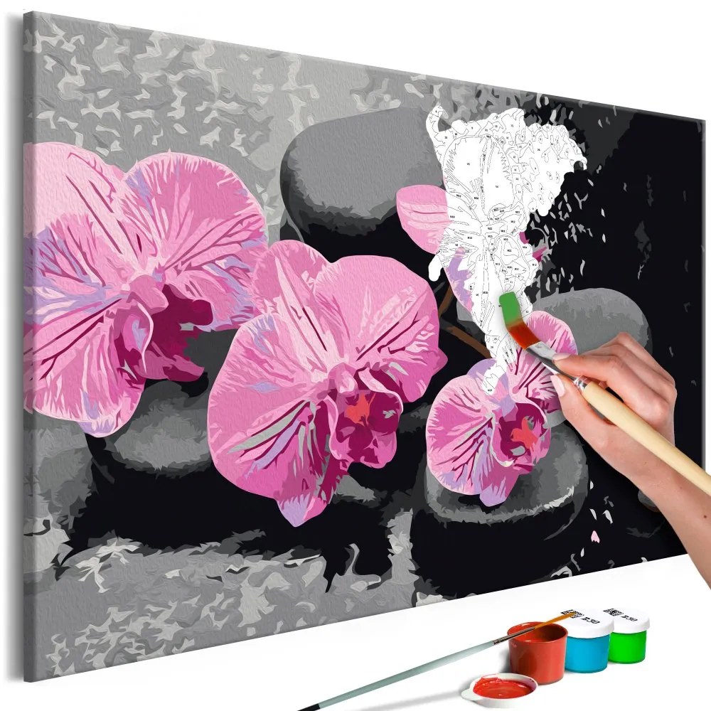 Maľovanie podľa čísiel - Orchid With Zen Stones (Black Background) 60x40