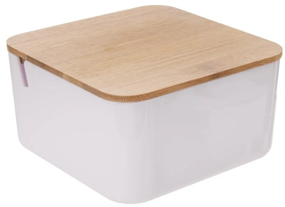 Kozmetický úložný box, biely s bambusovým vekom, so zrkadlom, šperkovnica WHITNEY