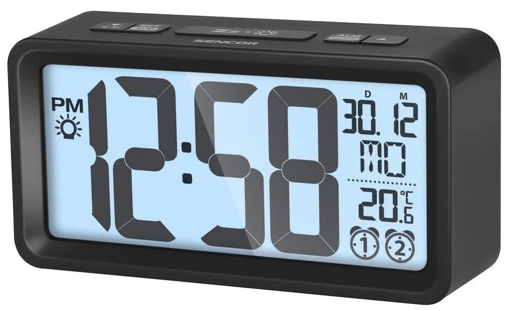 Sencor - Budík s LCD displejom a teplomerom 2xAAA čierna