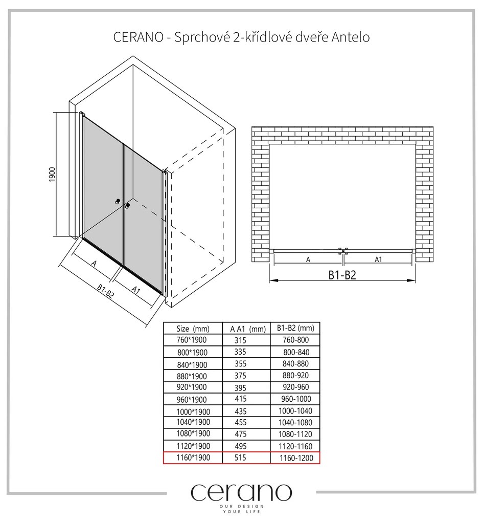 Cerano Antelo, 2-krídlové sprchové dvere 116x190 cm, 6mm číre sklo, chrómový profil, CER-CER-432337