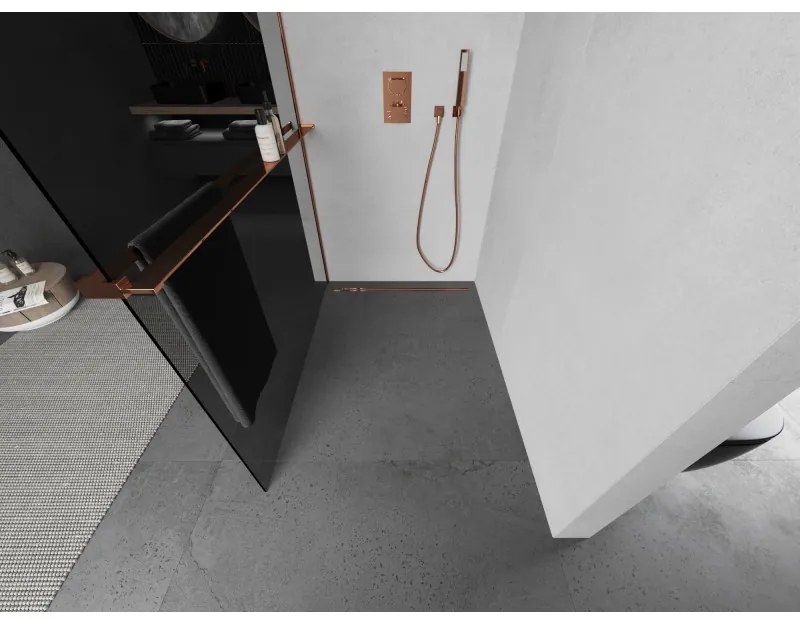 Mexen Kioto+ L, sprchová zástena Walk-In s poličkou a vešiakom 110 x 200 cm, 8mm šedé sklo, ružové zlato profil, 800-110-123-60-40