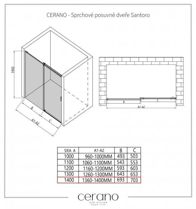 Cerano Santoro, sprchové posuvné dvere 140x195 cm, 6mm číre sklo, čierny profil, CER-CER-429742