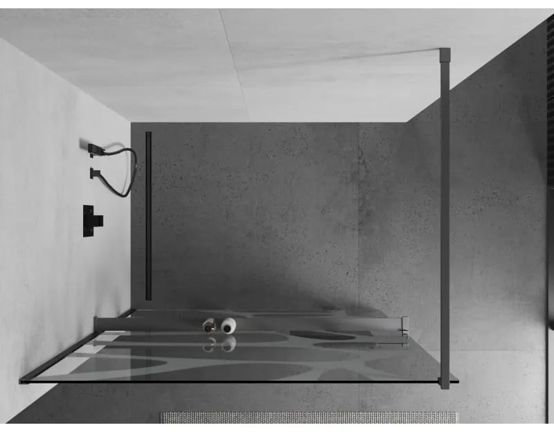 Mexen Kioto+, sprchová zástena Walk-In s poličkou a vešiakom 120 x 200 cm, 8mm číre sklo biely vzor, grafitový profil, 800-120-121-95-97