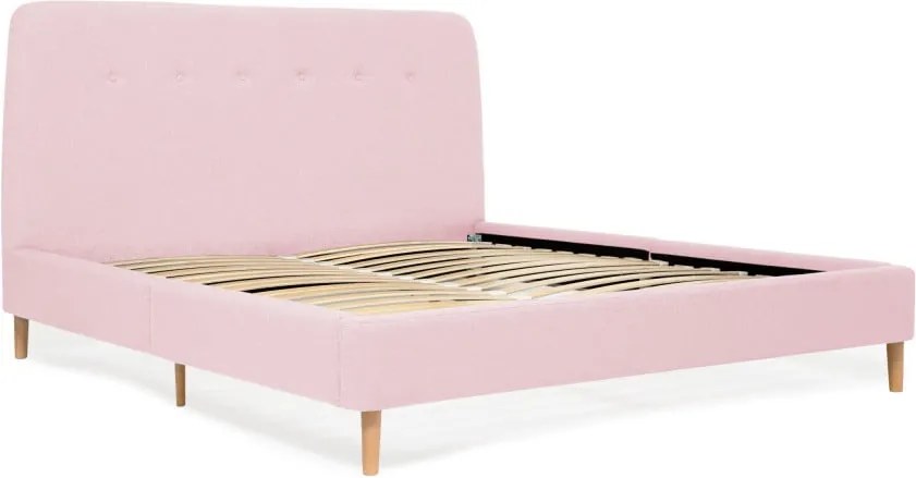 Pudrovo-ružová dvojlôžková posteľ s drevenými nohami Vivonita Mae, 140 × 200 cm
