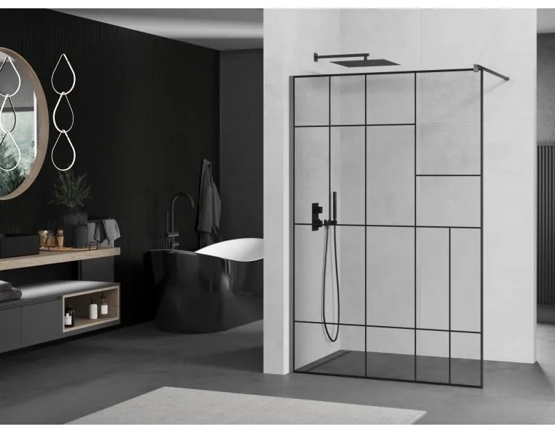 Mexen Kioto, sprchová zástena Walk-In 140 x 200 cm, 8mm číre sklo čierny vzor, grafitový profil, 800-140-101-95-78