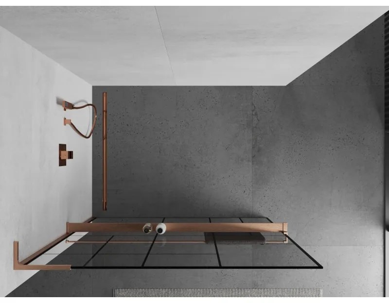 Mexen Kioto+ L, sprchová zástena Walk-In s poličkou a vešiakom 70 x 200 cm, 8mm číre sklo čierny vzor, medený matný profil, 800-070-123-65-78