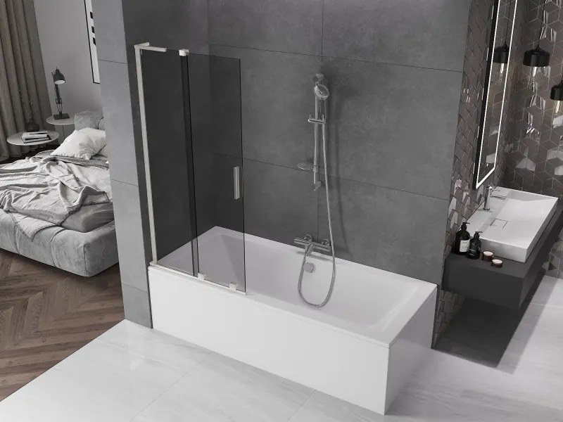 Mexen Velar L, 2-krídlová posuvná vaňová zástena 85 x 150 cm, 8mm šedé sklo, brúsená oceľ, 896-085-003-41-97