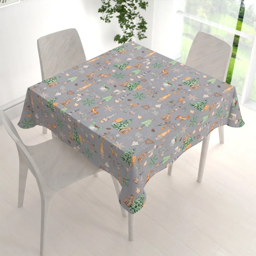 Biante Vianočný bavlnený štvorcový obrus Sandra SA-509 Vianoční škriatkovia a ozdoby na sivom 80x80 cm
