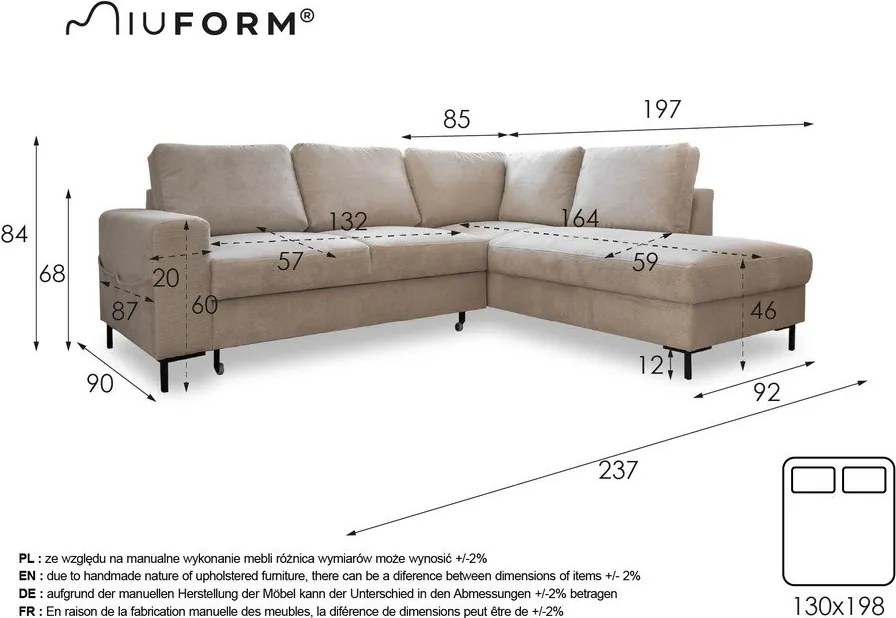 Sivá menčestrová rozkladacia rohová pohovka (pravý roh) Lofty Lilly – Miuform