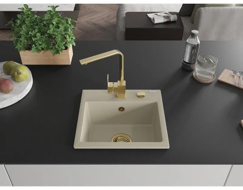 Mexen Milo, 1-komorový granitový drez 435x410x171 mm a zlatá batéria Rita, béžová, 6505-69-670300-50