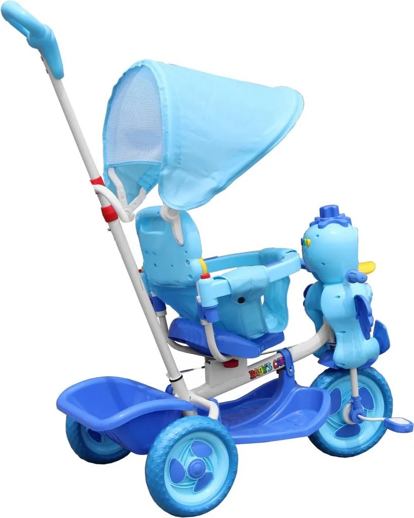Ramiz Detský trojkolesový bicykel Duck Bike Modrá + zvuky + strieška + zábrana + opierka na nohy + rukoväť + úložný priestor