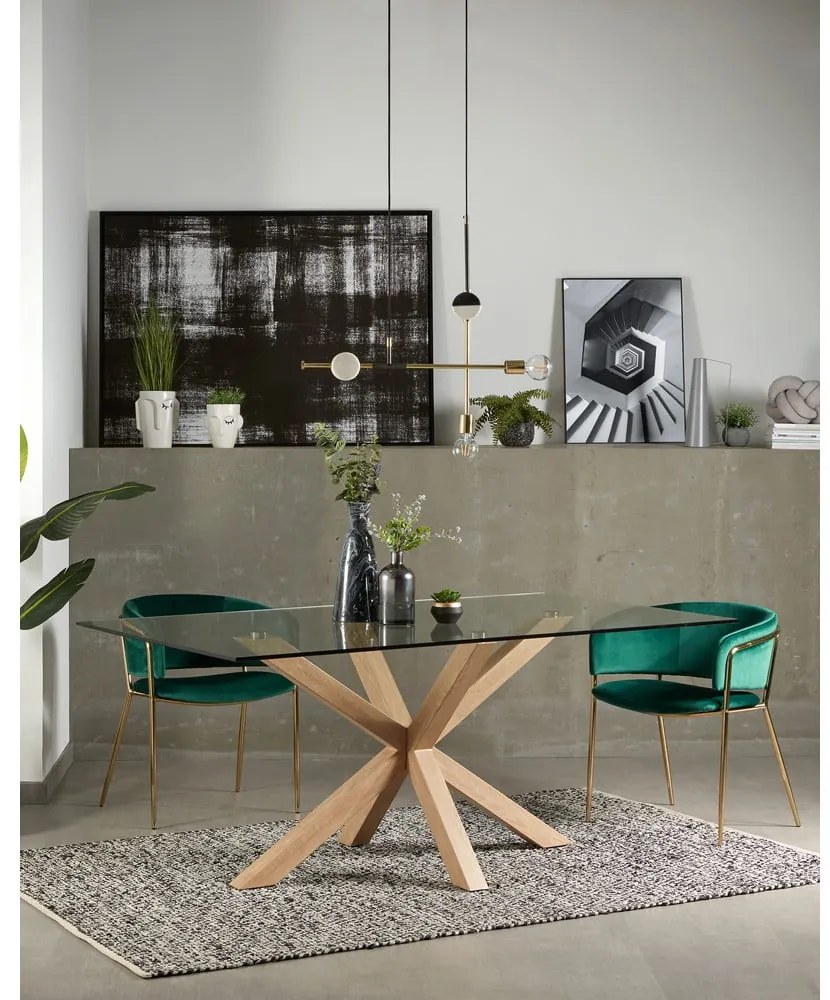Sklenený jedálenský stôl s prírodným podnožím Kave Home, 160 x 90 cm