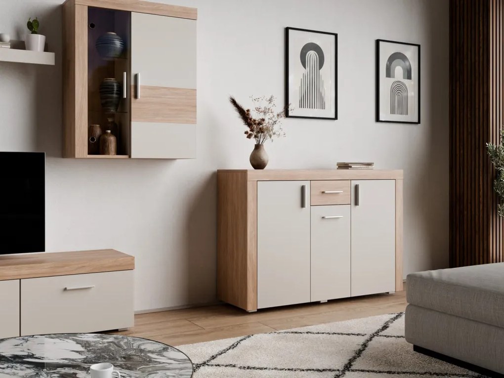 Komoda Pico, 130 cm, dub jantárový/béžová kašmír, s osvetlením