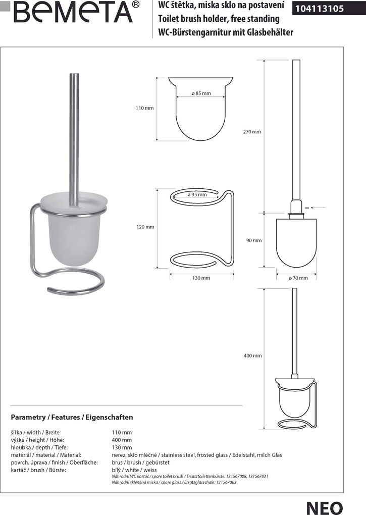 Bemeta Design NEO: WC kefa, na postavenie, nerez, sklo - 104113105