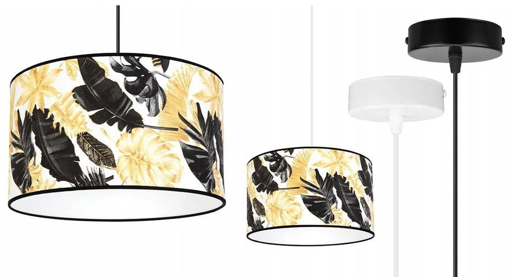 Závesné svietidlo Gold Flowers, 1x biele textilné tienidlo s kvetinovým vzorom, (výber z 2 farieb konštrukcie), (fi 35cm)