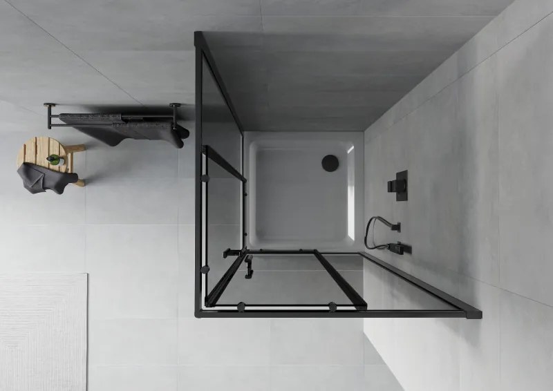 Mexen Rio, štvorcový sprchovací kút s posuvnými dverami 80(dvere) x 80(dvere) x 190 cm, 6mm šedé sklo, čierny profil + biela sprchová vanička SLIM, 860-080-080-70-40-4010B