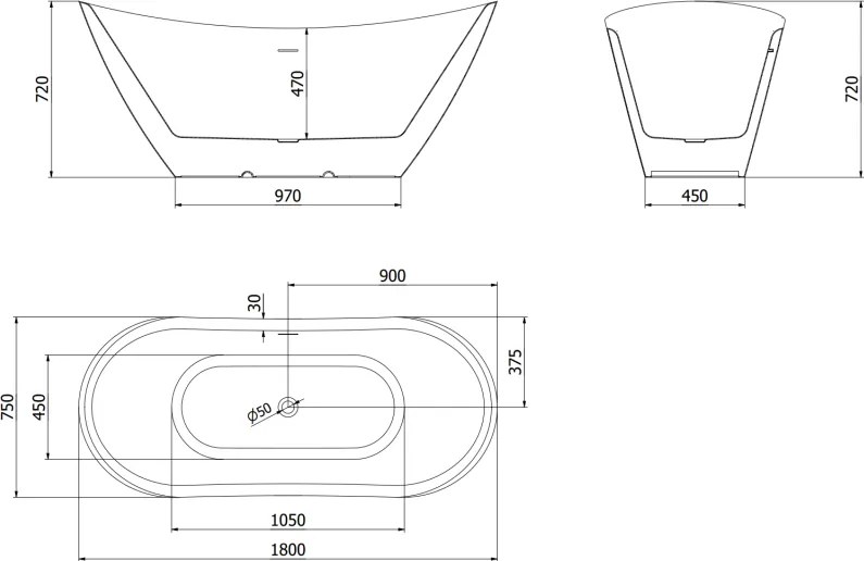 Mexen Lotos, voľne stojaca vaňa 180 x 75 cm, biela/čierna, zlatý lesklý prepad, 52051807775-50