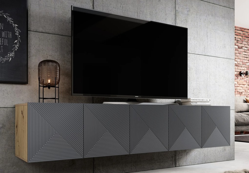 Závesná RTV skrinka Asha 200 cm s ryhovaným frontom - dub artisan / rivier stone mat