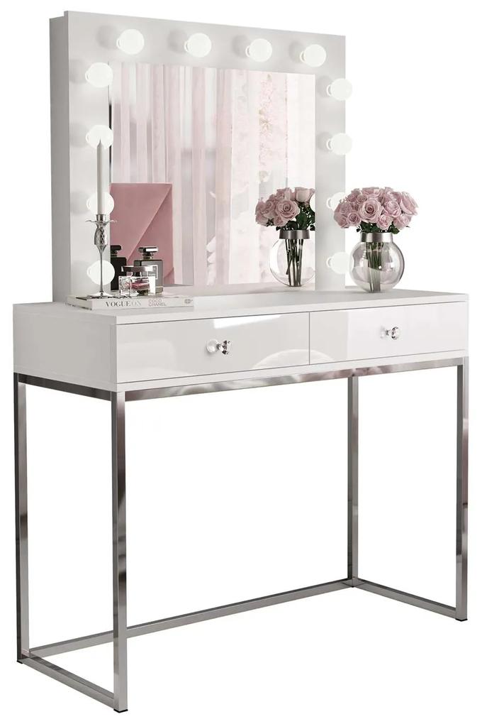Toaletný stolík so zrkadlom GWEN  biely lesk + chrómový podstavec
