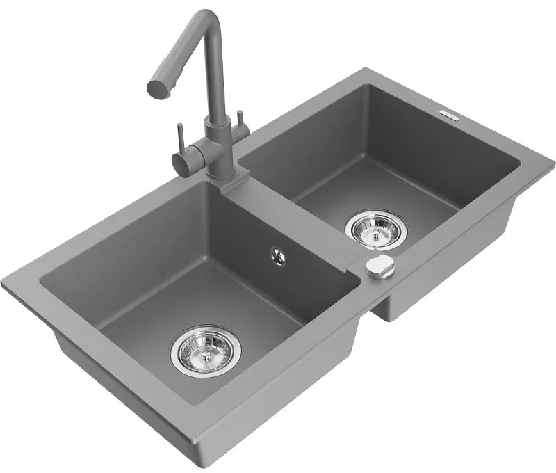 Mexen Mario, 2-komorový granitový drez 820x436x161 mm a šedá drezová batéria Duero, šedá, 6504-71-671600-71