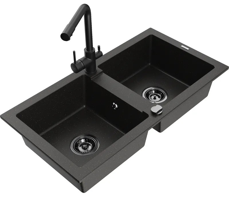 Mexen Mario, 2-komorový granitový drez 820x436x161 mm a čierna drezová batéria Duero, čierna-zlatá metalíza, 6504-75-671600-70-B