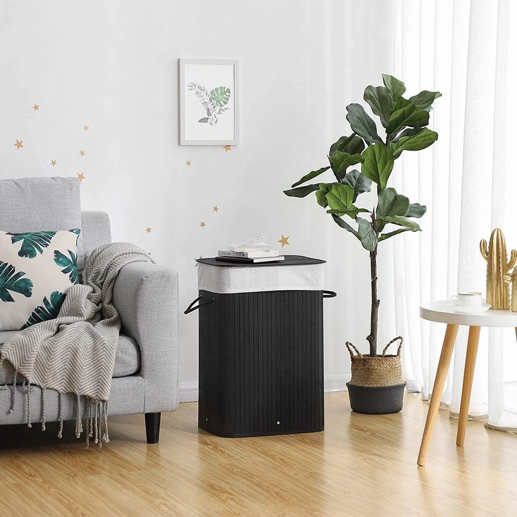 Veľký bambusový kôš na prádlo XL 72L, skladací, čierny