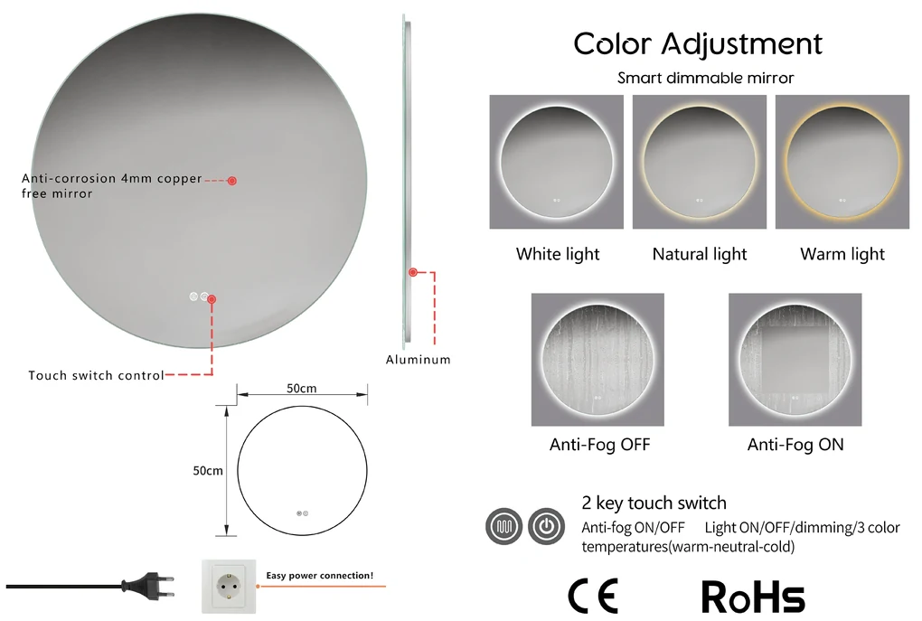 Erga Sofia, okrúhle LED zrkadlo 50cm, 1150 lm, 3 farby svetla, ERG-V01-207-5050