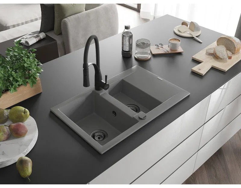 Mexen Gaspar, 1,5-komorový granitový drez 737x475x177 mm a drezová batéria Aster, šedá, 6507-71-73450-70-B