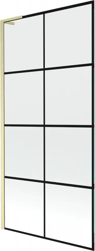 Mexen Next L, 1-krídlová vaňová zástena 90 x 150 cm, 6mm číre sklo-čierny vzor, zlatý matný profil, 895-090-000-03-77-55